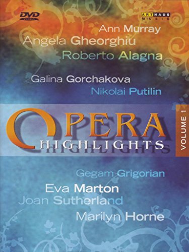 "Opera Highlights Vol. I DVD cover with opera singer names and gradient background."
