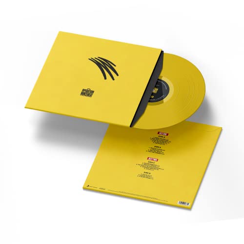 Yellow vinyl record and sleeve with black text and graphic details.