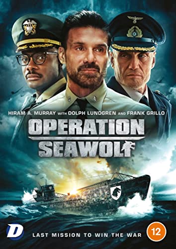 Three men in military uniforms above a submarine on a stormy sea.