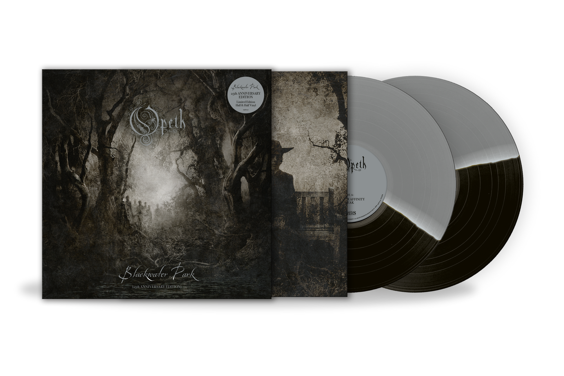 Opeth’s “Blackwater Park” 25th Anniversary vinyl record with dark, forest imagery.