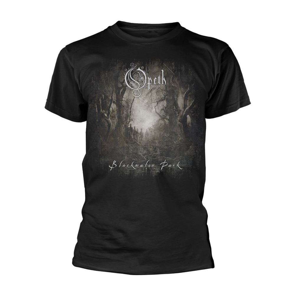 Black t-shirt with Opeth's "Blackwater Park" album art graphic.