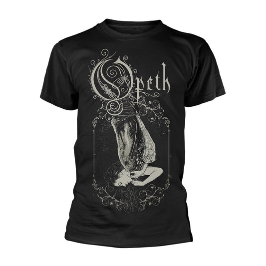 Black t-shirt with ornate white illustration and "Opeth" text.