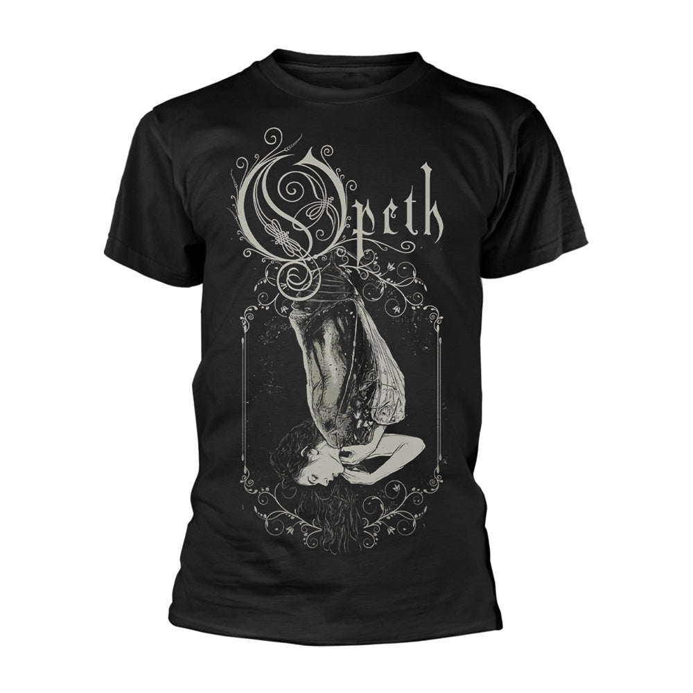 Black t-shirt with ornate white illustration and "Opeth" text.