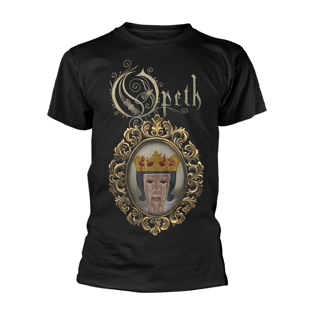 Black t-shirt with ornate gold and red Opeth crown design.