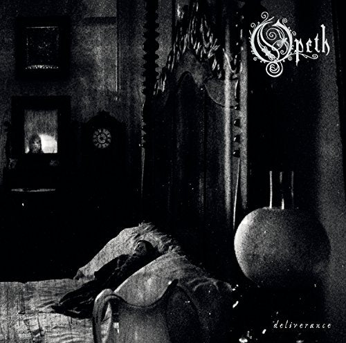 Black and white album cover for Opeth’s “Deliverance” with a bedroom scene.