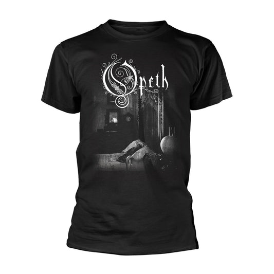 Black t-shirt with a grayscale Opeth album art design.