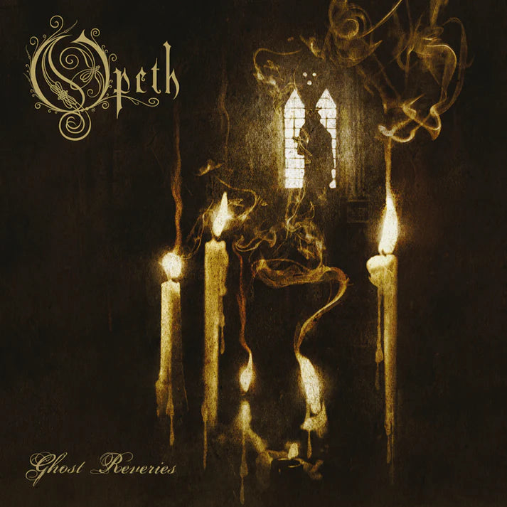 Opeth’s “Ghost Reveries” album cover: candles, gothic architecture, and swirling smoke.