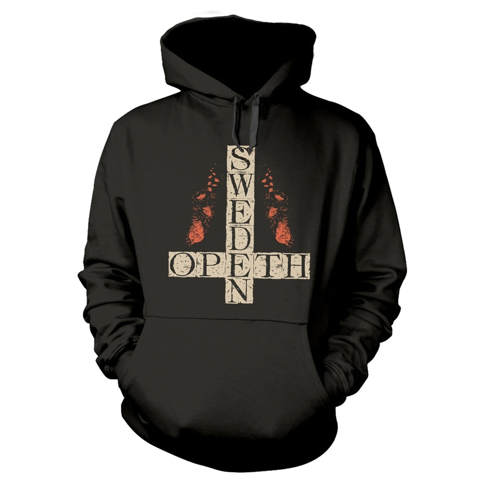 Black hoodie with a cross-shaped "Opeth" band logo in reddish-brown.