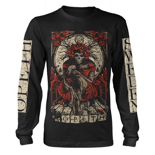 Black long-sleeve shirt with Opeth's "HaXprocess" skull and floral design.