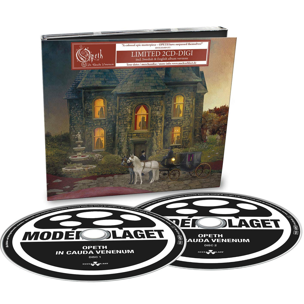 "Opeth CD digipack with two discs and medieval house artwork on cover."