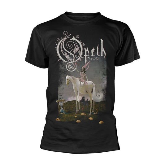 Black t-shirt with Opeth band logo and horse illustration.