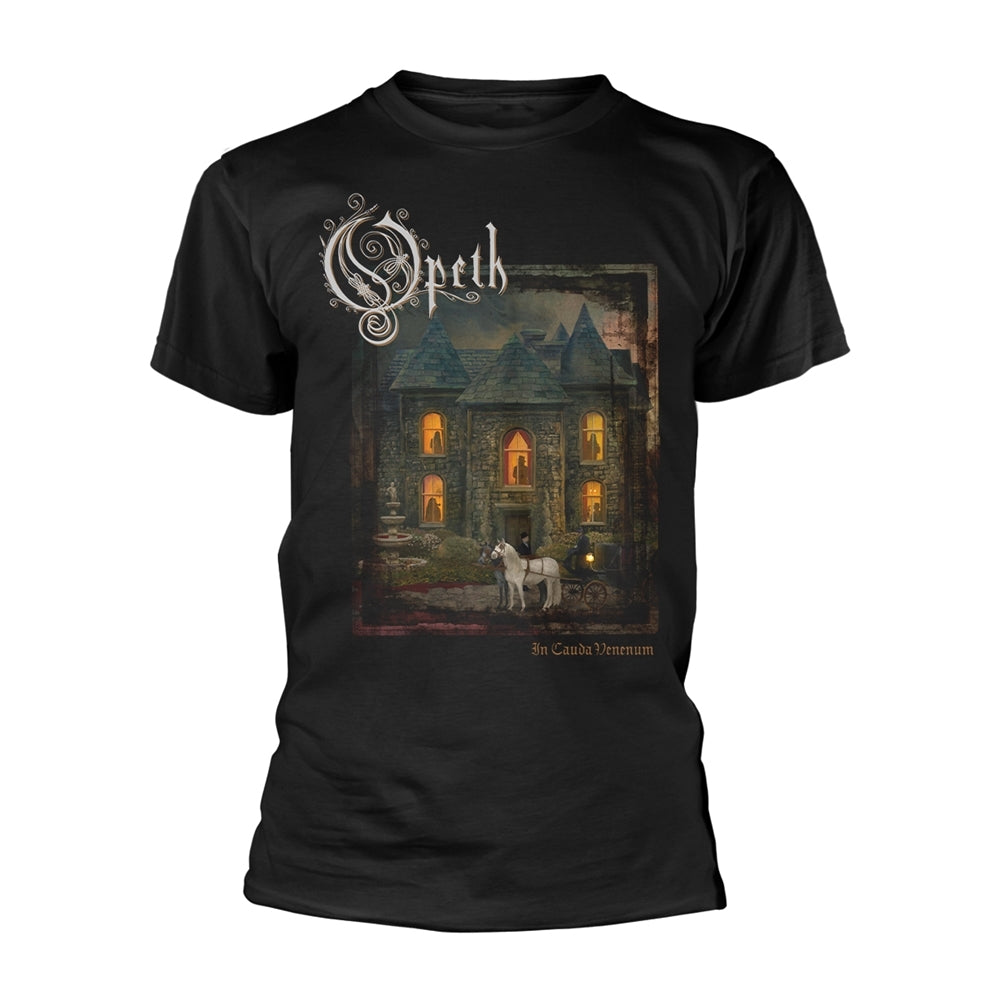 Black T-shirt featuring Opeth logo and a gothic mansion with a horse carriage.