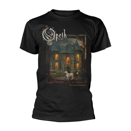Black T-shirt featuring Opeth logo and a gothic mansion with a horse carriage.