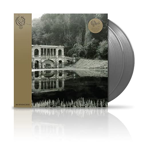 Opeth Morningrise vinyl record cover featuring a stone bridge reflecting in water with silver discs.