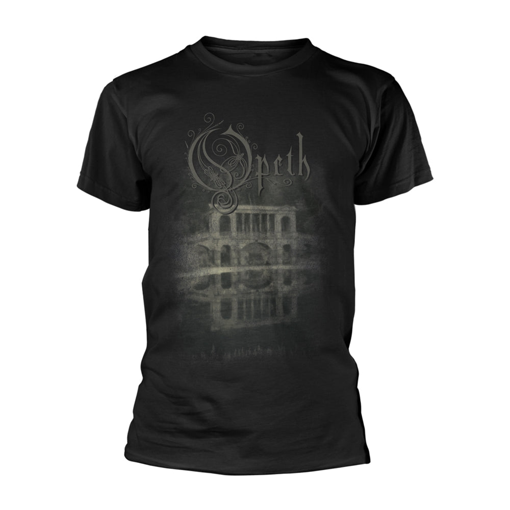 Black t-shirt with grayscale Opeth "Morningrise" album art graphic.
