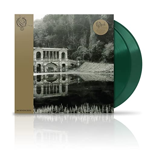 Opeth Morningrise vinyl record sleeve featuring a stone bridge with a dark green vinyl disc.