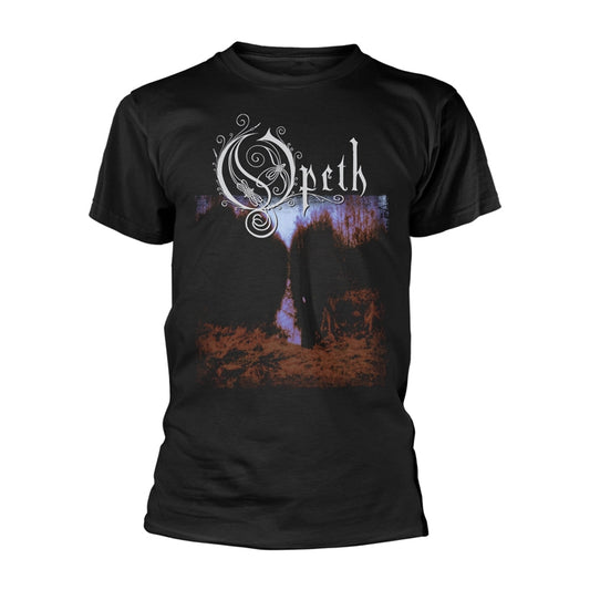 Black t-shirt with Opeth band logo and forest landscape design.