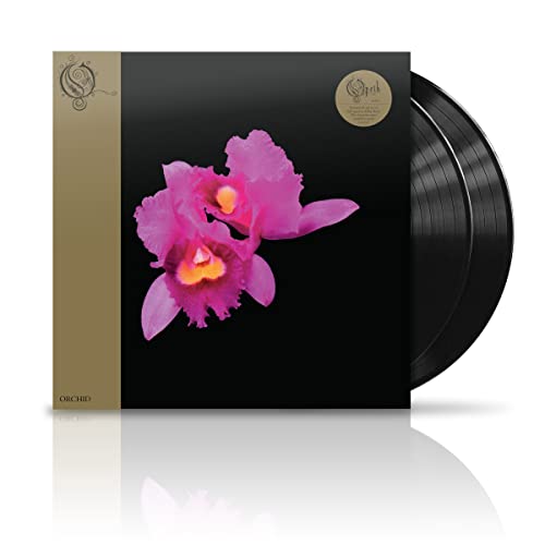Opeth’s “Orchid” vinyl record, black disc in a sleeve, likely with floral imagery.