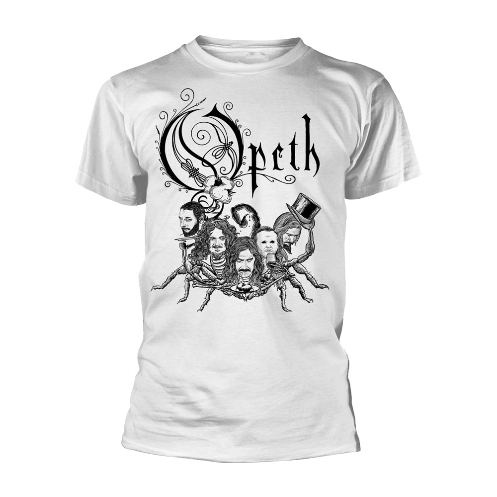 White t-shirt with black Opeth scorpion logo and illustrated figures.