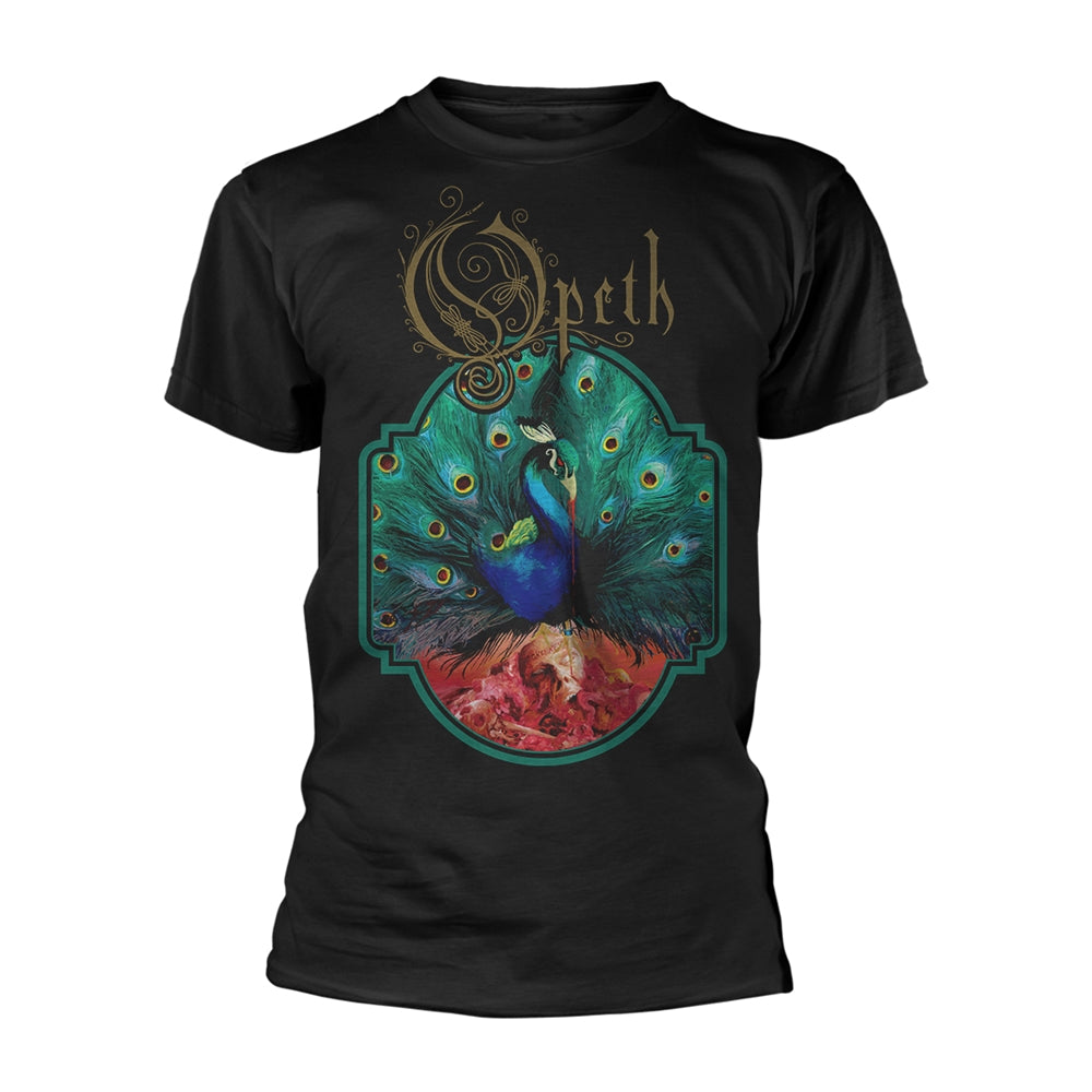 Black t-shirt with ornate peacock and band logo design.
