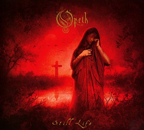 Album cover art featuring a mourning figure in red robes before a distant cross.