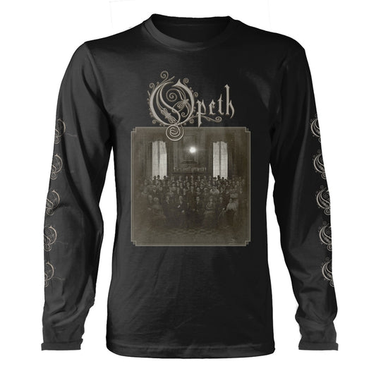 Black long-sleeve shirt featuring the Opeth logo and a vintage group portrait graphic.