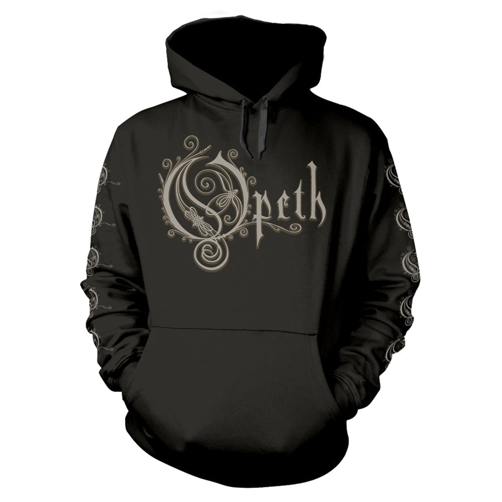 Black hooded sweatshirt with Opeth logo and ornate swirling designs.