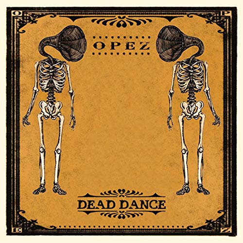 Skeletal figures with gramophone heads on a textured orange background.