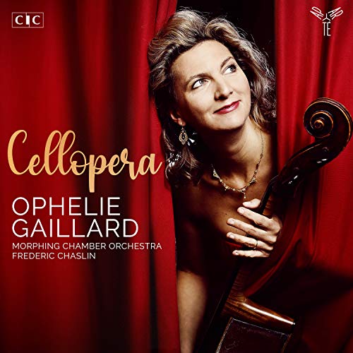 Cellist Ophelie Gaillard portrait on album cover, red curtain backdrop.