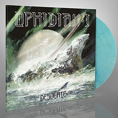 Album cover with a surreal landscape and a light blue marbled vinyl record.