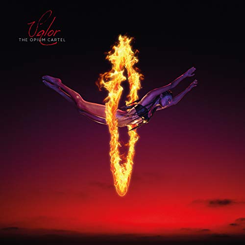 Woman engulfed in flames, suspended against a dark, fiery gradient.