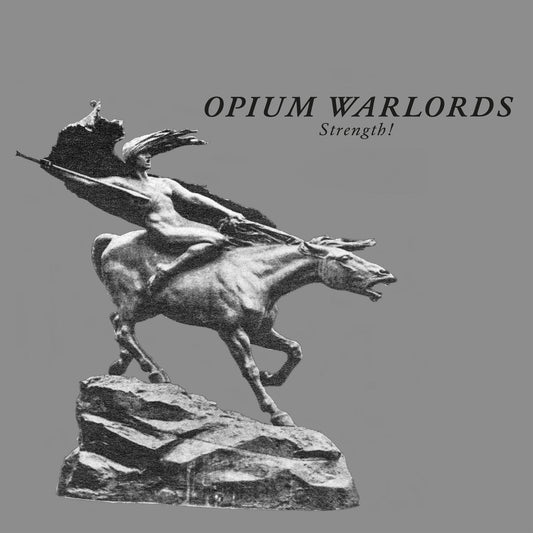A statue of a nude figure riding a horse with text Opium Warlords Strength.