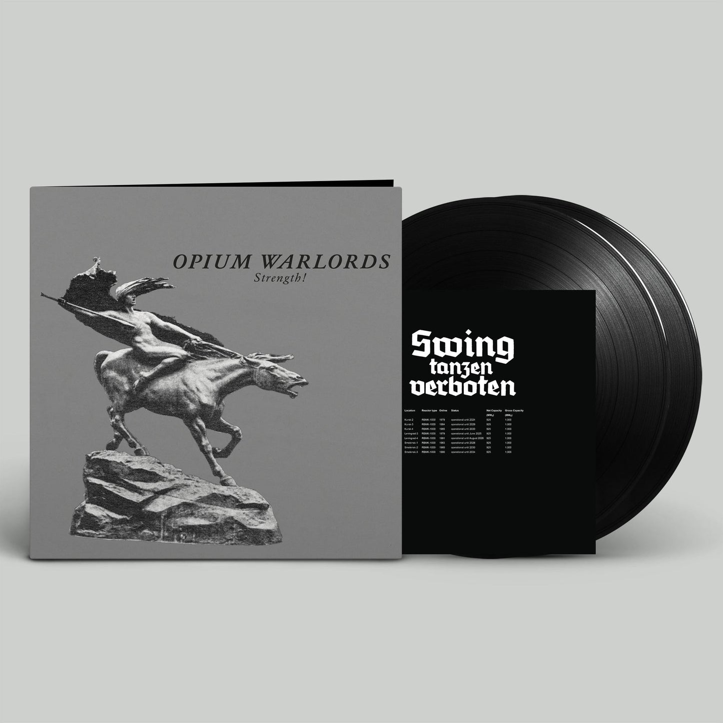 Vinyl record cover featuring a statue of a rider on horseback and black vinyl.