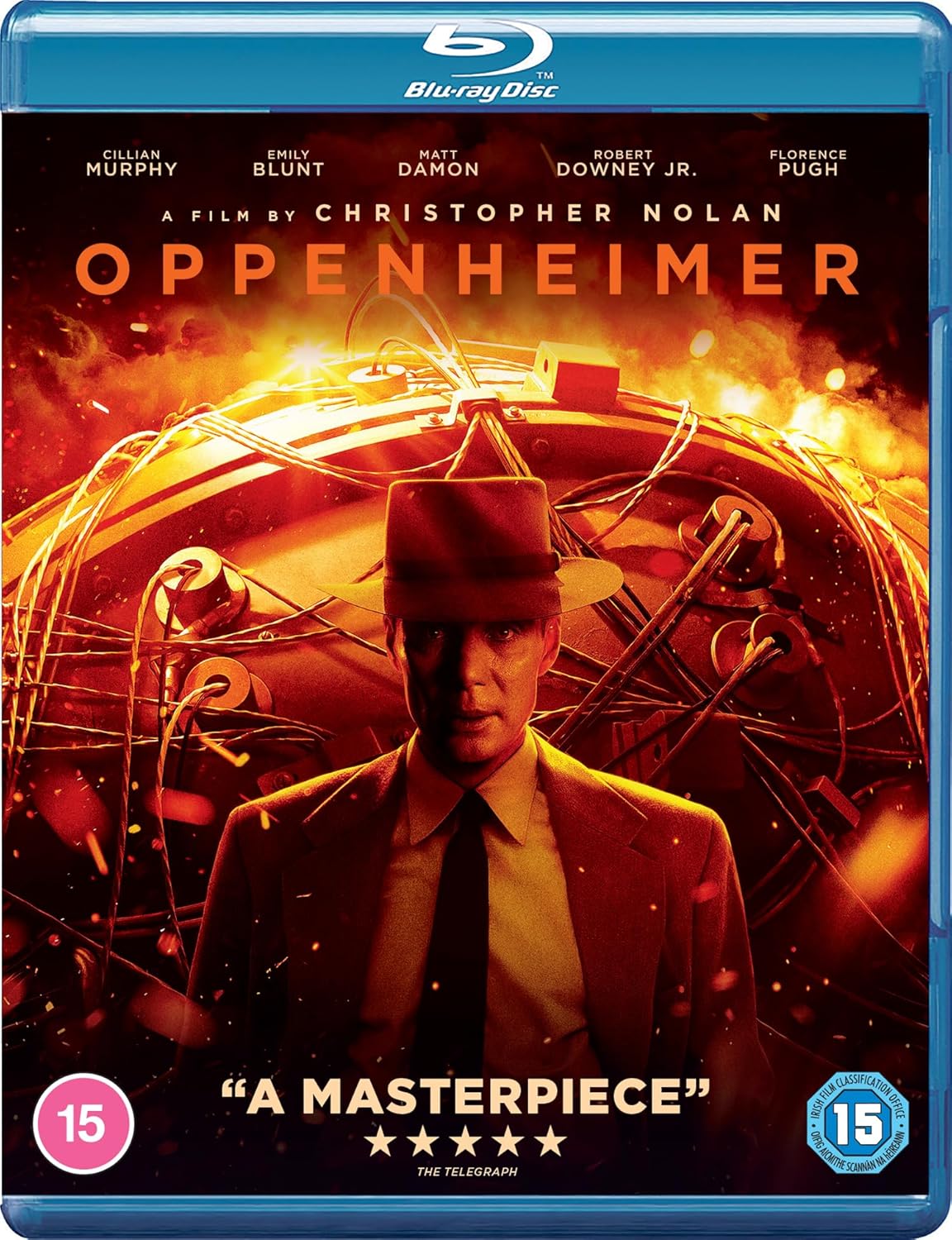 Oppenheimer Blu-ray cover featuring Cillian Murphy in a suit, atomic imagery.