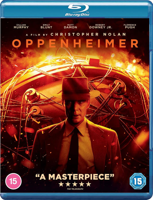 Oppenheimer Blu-ray cover featuring Cillian Murphy in a suit, atomic imagery.