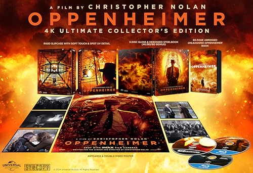 Oppenheimer 4K Ultimate Collector's Edition set featuring steelbook, slipcase, art cards, and discs.