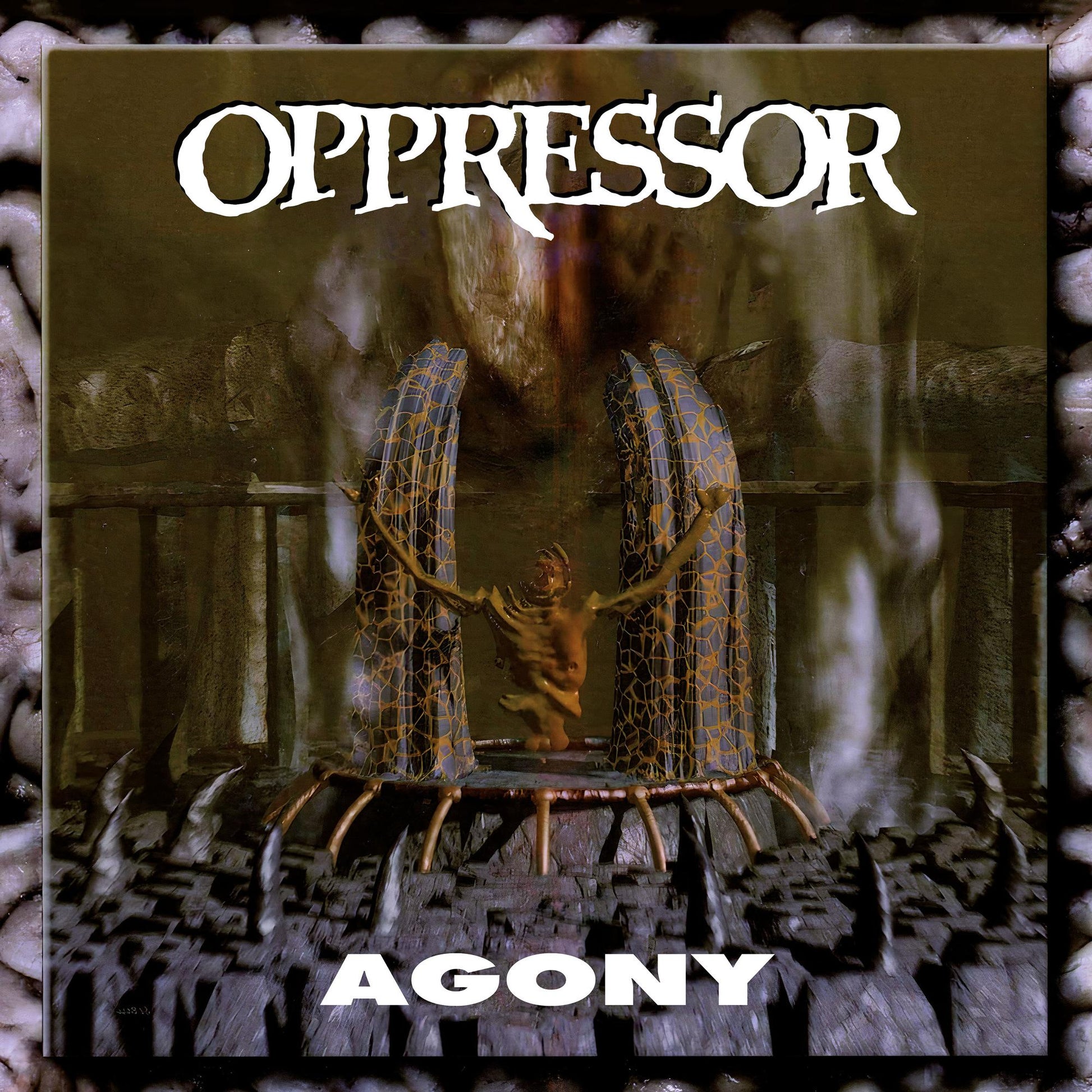 CD cover for "Oppressor - Agony" featuring a dark, surreal, cage-like image.