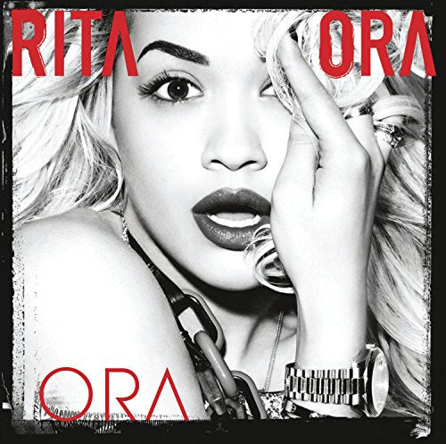Rita Ora album cover, black and white portrait with bold red text.