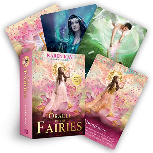Fairy oracle card deck and guidebook with colorful, ethereal artwork.