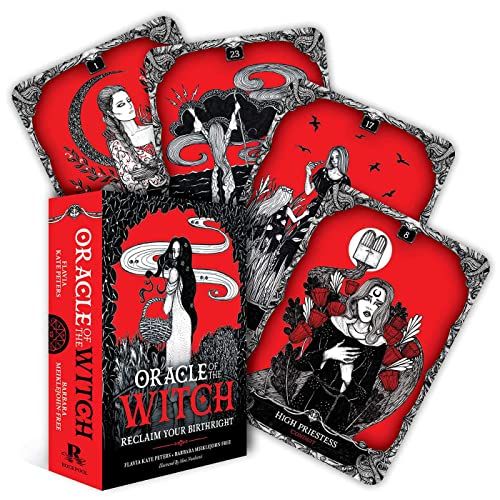 Oracle of the Witch card deck box and four illustrated cards with red backgrounds.
