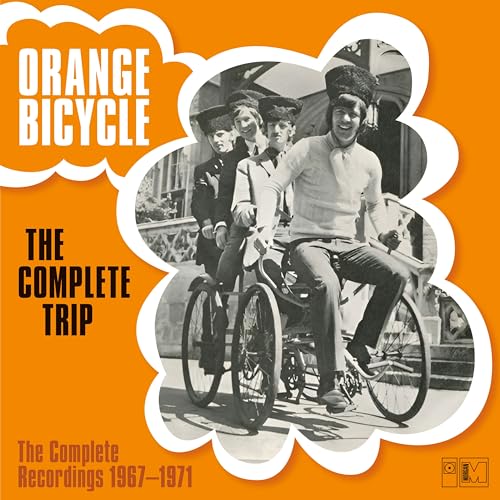 CD cover with text Orange Bicycle The Complete Trip and men on a bicycle.