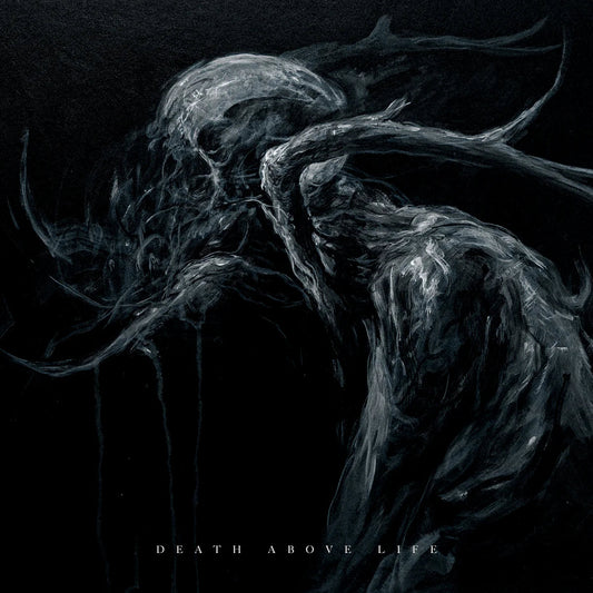 Dark, textured painting of a distorted, humanoid figure with dripping lines.