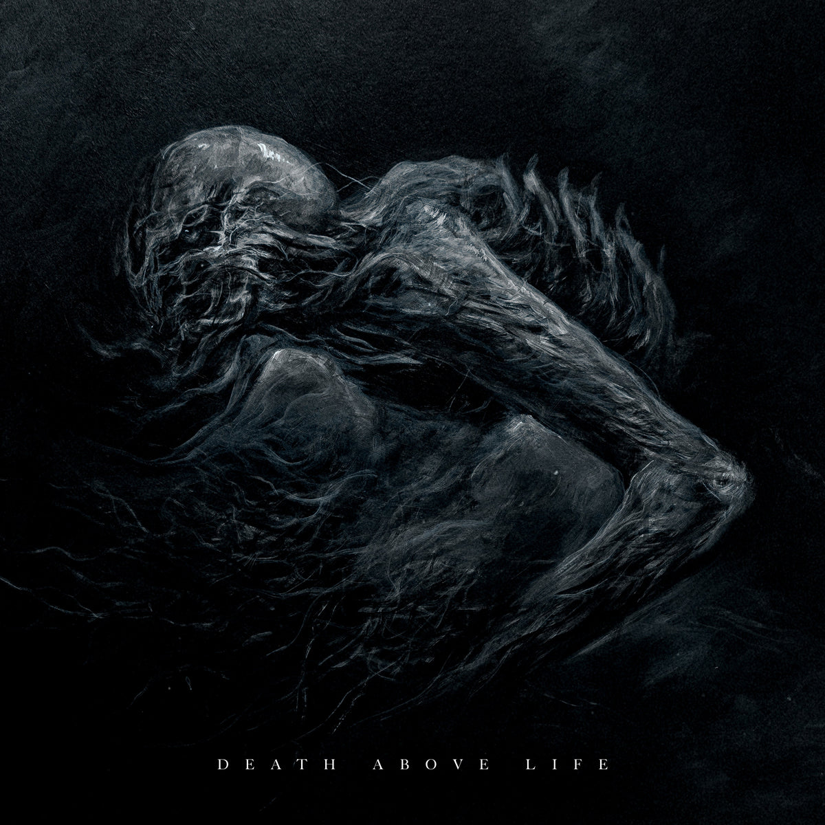Dark, textured album cover featuring a distorted, skeletal figure in shadow.