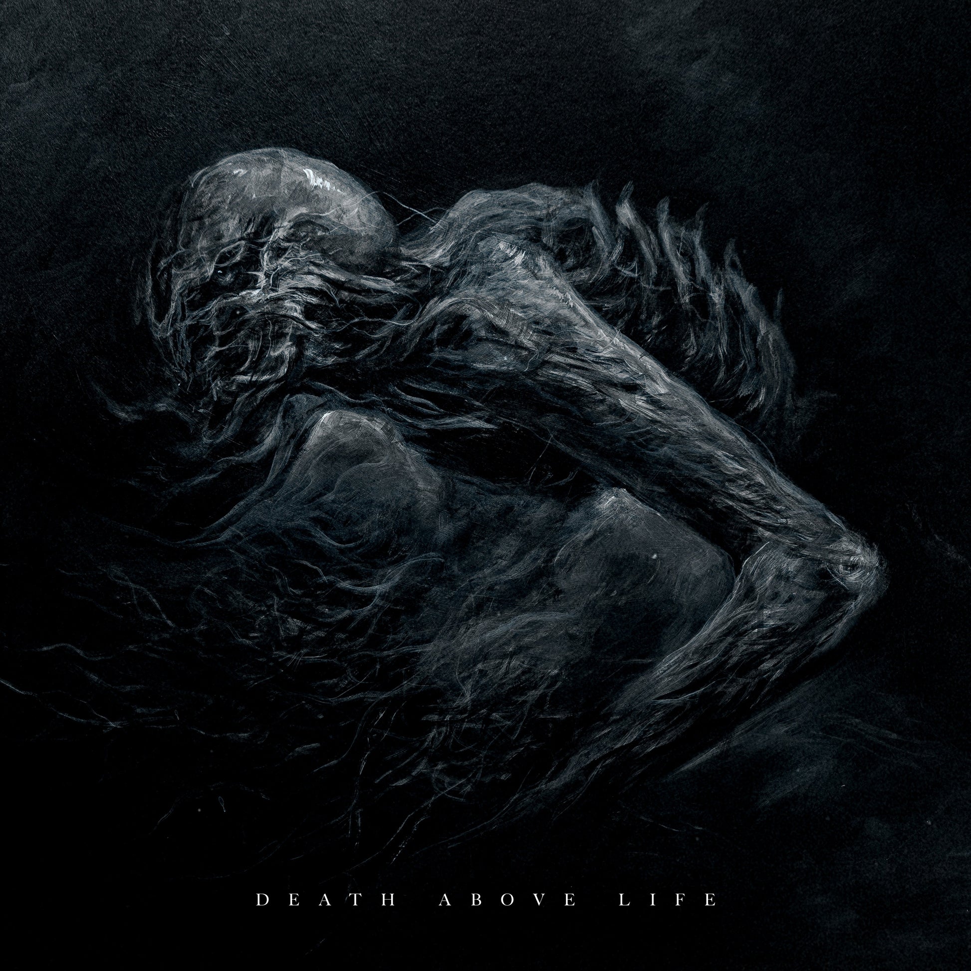 Dark, textured album cover featuring a distorted, skeletal figure in shadow.