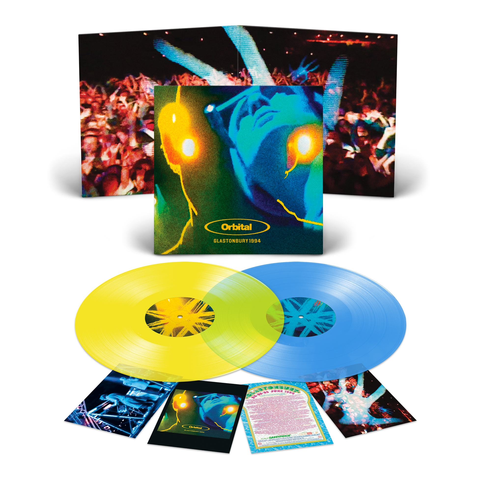 Orbital’s “Glastonbury 1994” vinyl LP with colorful records and inserts.