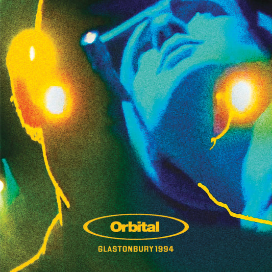 Orbital’s “Glastonbury 1994” vinyl cover: abstract face with bright yellow and blue hues.