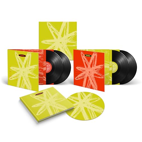 Vinyl record set with starburst designs on colorful square sleeves.
