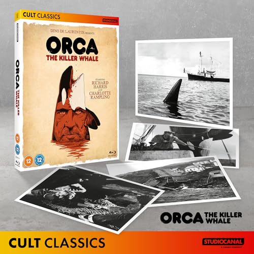 Orca" Blu-ray cover featuring a distressed orca image and film stills.