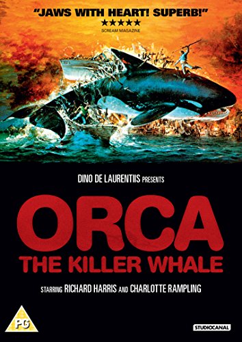 Orca movie poster: a killer whale breaches amidst crashing waves and boats.