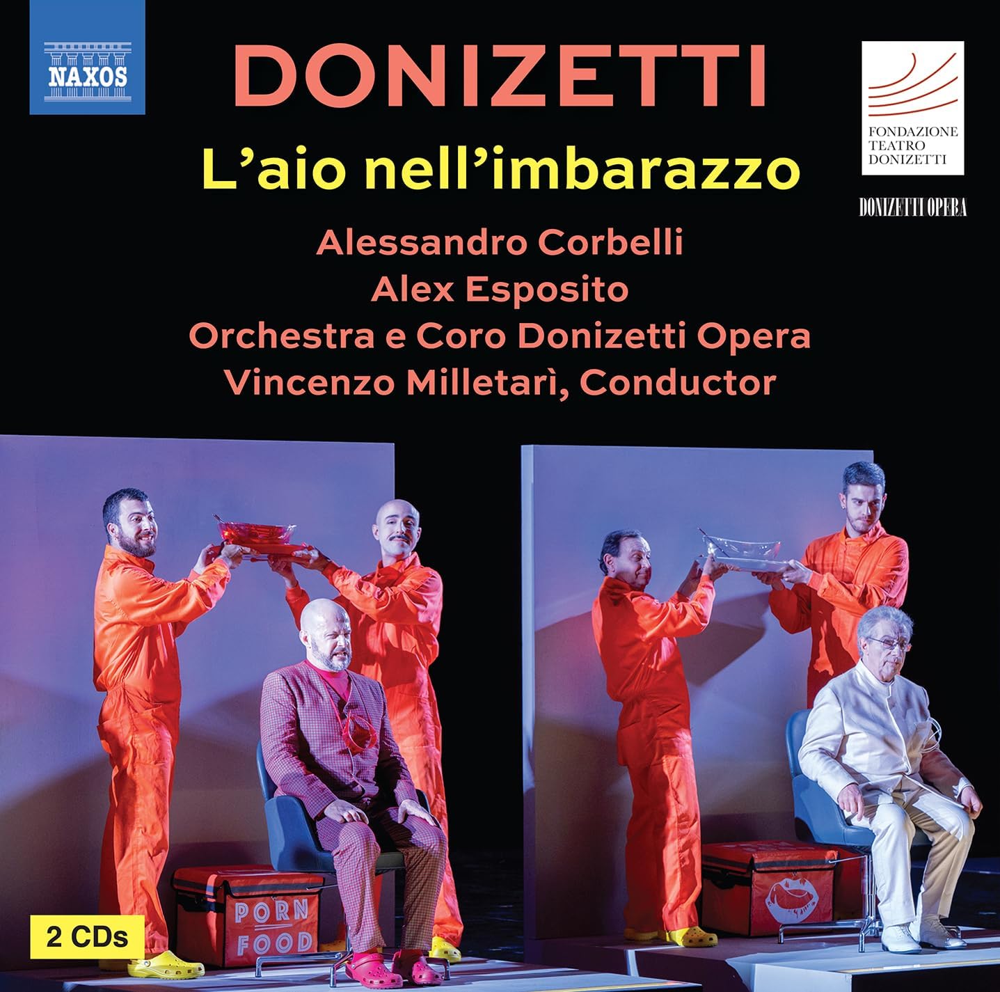 CD cover for Donizetti’s “L’aio nell’imbarazzo” opera, featuring four men in orange.